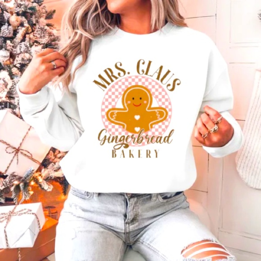 Mrs. Claus Gingerbread Bakery White Gildan Sweatshirt S-M-L-XL